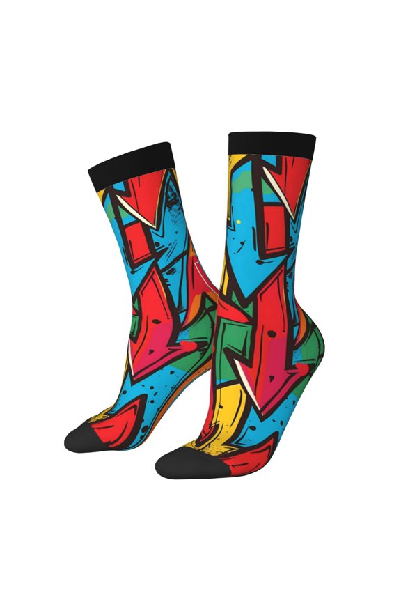 Colorful Arrow Graffiti Pattern Print Contrast Color Mid-calf Socks, Sweat-wicking Athletic Socks, Unisex Clothing Accessories