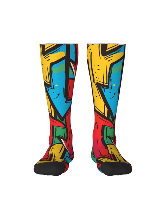 Colorful Arrow Graffiti Pattern Print Contrast Color Stockings, Elastic Sports Socks Warm Socks Clothing Accessories, Adult Unisex