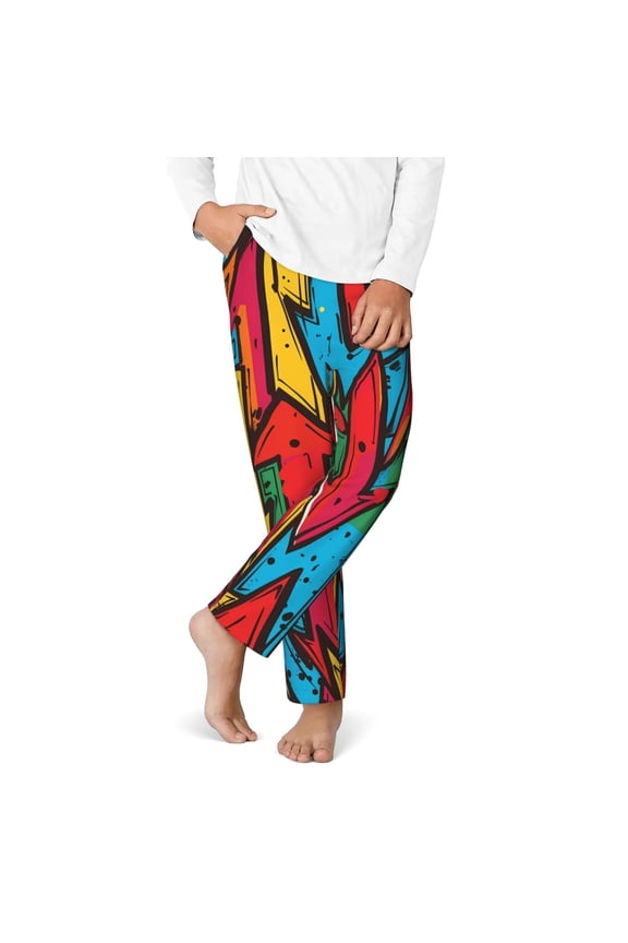 Colorful Arrow Graffiti Pattern Print Youth Home Trousers, Elastic Waistband with Pockets for Home and Outing, Suitable for Children Aged 5-16-Medium