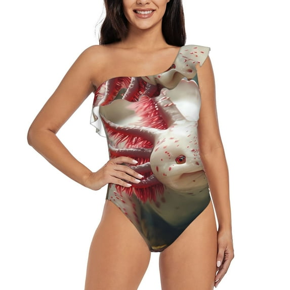 Gukieu Colorful Axolotl Underwater Print One-shoulder Ruffled One-piece Swimsuit with Removable Chest Pads and Tummy-control Swimsuit for Women-Large