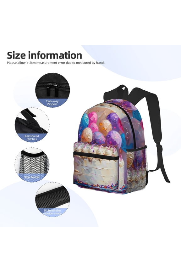 Colorful Balloon Cake Celebration Print Backpack, Waterproof Backpack with Adjustable Shoulder Straps, Suitable for Campus, Business, Travel, Unisex