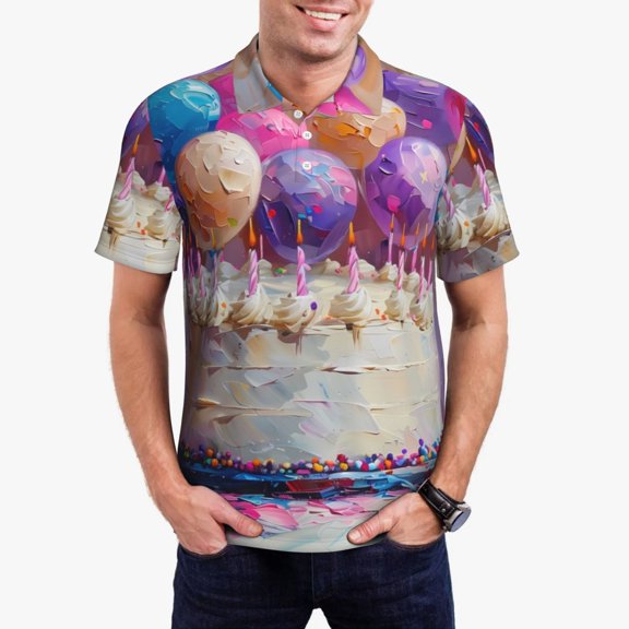 Gukieu Colorful Balloon Cake Celebration Print Men's Quick-drying POLO Shirt, Button-down Summer T-shirt, Suitable for Work and Outdoor Activities-3X-Large