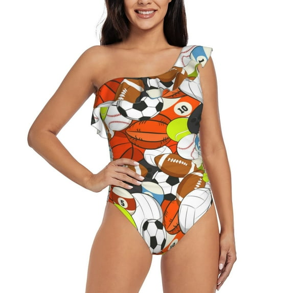 Gukieu Colorful Balls Print One-shoulder Ruffled One-piece Swimsuit with Removable Chest Pads and Tummy-control Swimsuit for Women-Medium