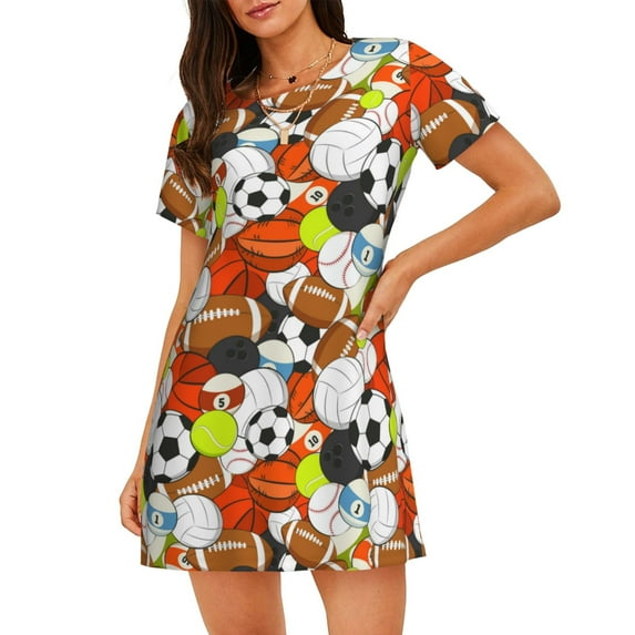 Gukieu Colorful Balls Print Women's Nightgown, A-line Round Neck Short-sleeved Nightgown Pajamas Home Wear Suitable for Home and Outing