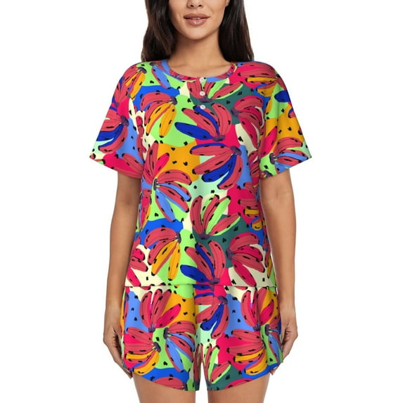 Gukieu Colorful Bananas Print Women's Short-sleeved Pajama Set, Round Neck Button Top Elastic Shorts 2-piece Set, Summer Home Leisure Clothing-X-Large