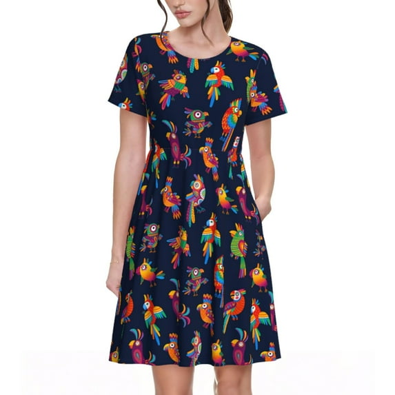 Gukieu Colorful Birds Print Women's Short Sleeve Dress, Elastic Waistband A-line with Pockets Summer Dress, Suitable for Daily Leisure, Work, Vacation