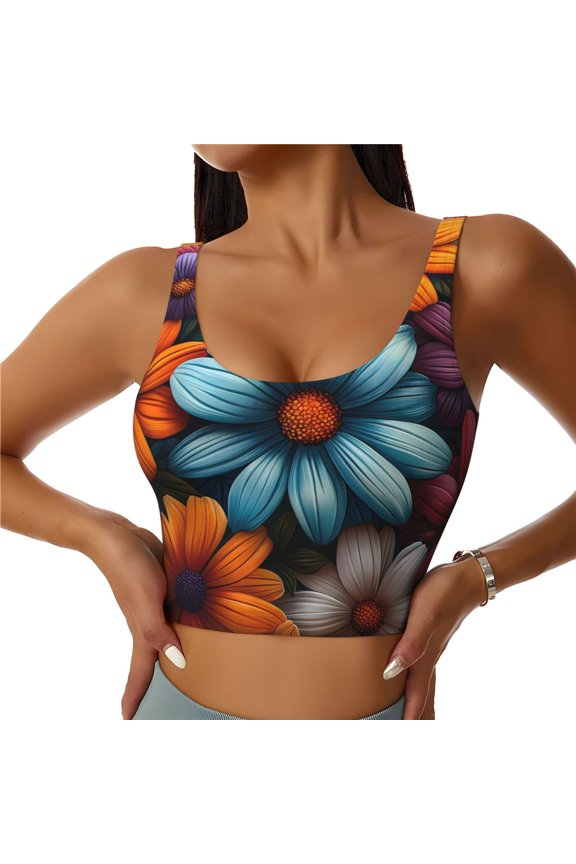 Colorful Blooming Flowers Print Women's Sports Vest, Low-neck U-shaped Removable Pad Sports Bra for Yoga, Exercise, Dance-Large