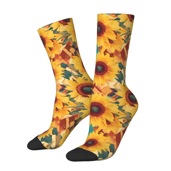 Gukieu Colorful Bohemian Sunflower Print Contrast Color Mid-calf Socks, Sweat-wicking Athletic Socks, Unisex Clothing Accessories