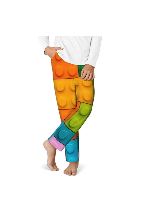 Colorful Building Blocks Print Youth Home Trousers, Elastic Waistband with Pockets for Home and Outing, Suitable for Children Aged 5-16-Medium