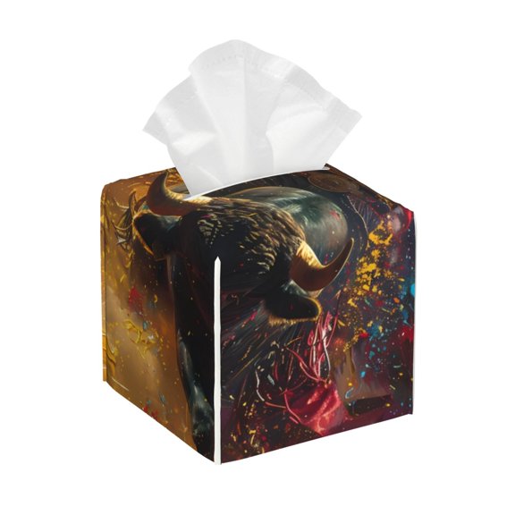 Gukieu Colorful Bull Western Man Print Leather Tissue Box, PVC Waterproof Velcro Opening and Closing Square Tissue Box Holder, Suitable for Home and Office Decoration