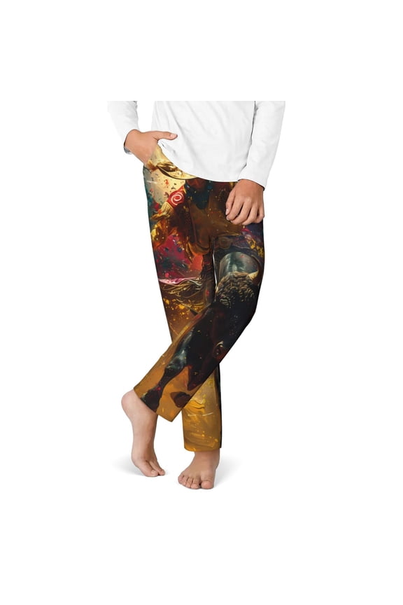 Colorful Bull Western Man Print Youth Home Trousers, Elastic Waistband with Pockets for Home and Outing, Suitable for Children Aged 5-16-XS(5-6)