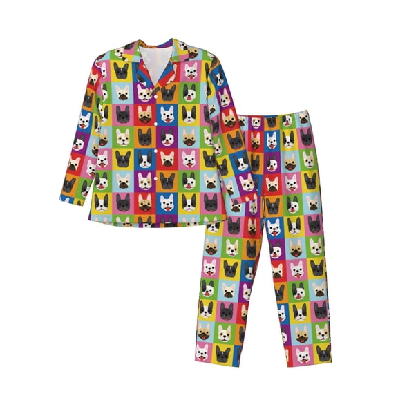 Gukieu Colorful Bulldog Print Men's Long-sleeved Pajamas Set, Elastic Waist Pajamas Button-down Pajamas Two-piece Set, Suitable for Adult Male Home Wear-X-Large