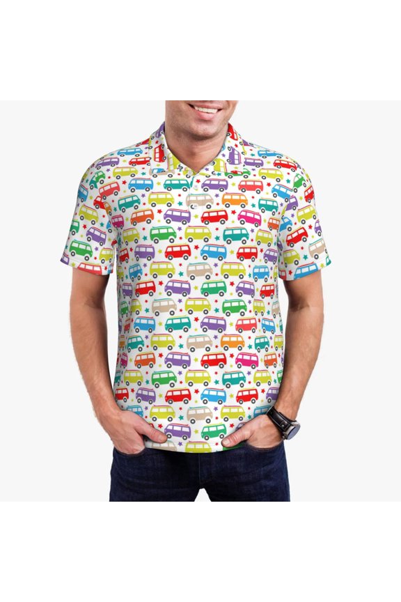 Colorful Bus Print Men's Quick-drying POLO Shirt, Button-down Summer T-shirt, Suitable for Work and Outdoor Activities-X-Large