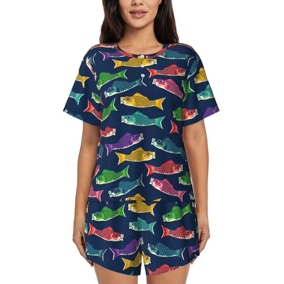 Gukieu Colorful Carp Streamer 1 Print Women's Short-sleeved Pajama Set, Round Neck Button Top Elastic Shorts 2-piece Set, Summer Home Leisure Clothing-X-Large