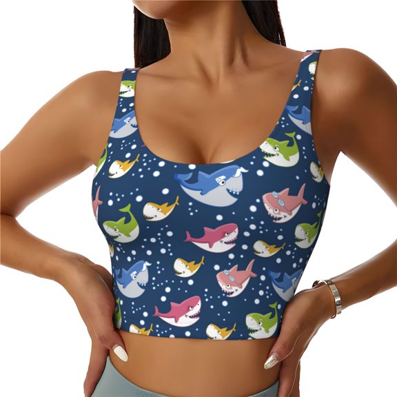 Gukieu Colorful Cartoon Shark Print Women's Sports Vest, Low-neck U-shaped Removable Pad Sports Bra for Yoga, Exercise, Dance-Medium
