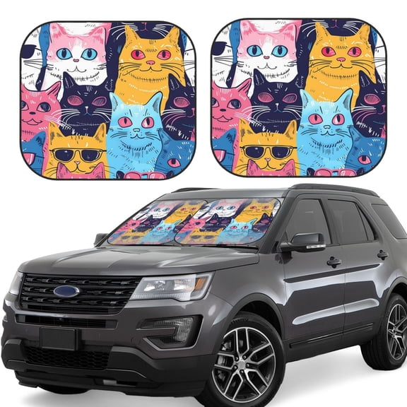 Gukieu Colorful Cats Pattern Art Print Car Windshield Sun Visor, Foldable Anti-UV Car Sun Visor Suitable for Vans, Trucks Car Accessories-Large