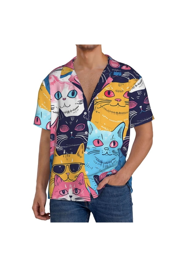 Colorful Cats Pattern Art Print Men's Short-sleeved Shirts, Button-down Pocket Shirts, T-shirts, Beach Vacation Travel Summer Clothing-Large