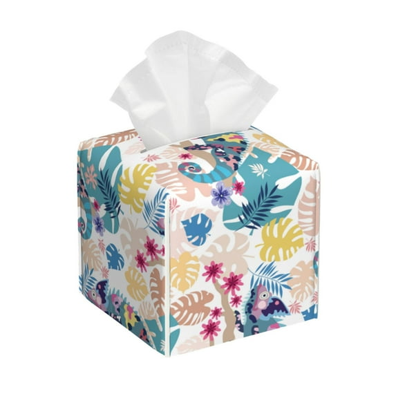 Gukieu Colorful Chameleons Print Leather Tissue Box, PVC Waterproof Velcro Opening and Closing Square Tissue Box Holder, Suitable for Home and Office Decoration