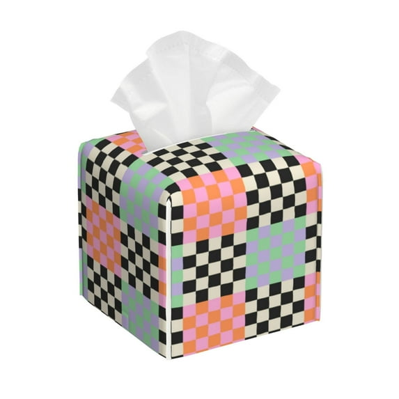 Gukieu Colorful Checkered Print Leather Tissue Box, PVC Waterproof Velcro Opening and Closing Square Tissue Box Holder, Suitable for Home and Office Decoration
