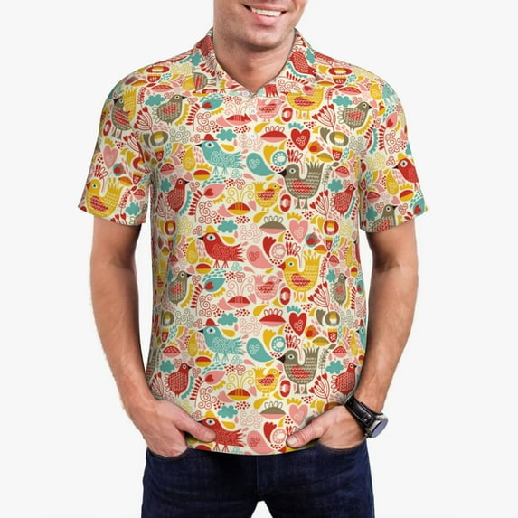 Gukieu Colorful Chicken Print Men's Quick-drying POLO Shirt, Button-down Summer T-shirt, Suitable for Work and Outdoor Activities-Large
