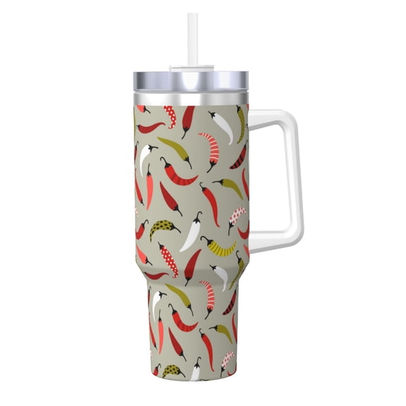 Gukieu Colorful Chili Print 40OZ Ice Cup, Stainless Steel Vacuum Kettle with Handle Suitable for Hot and Cold Drinks, Travel, Fitness