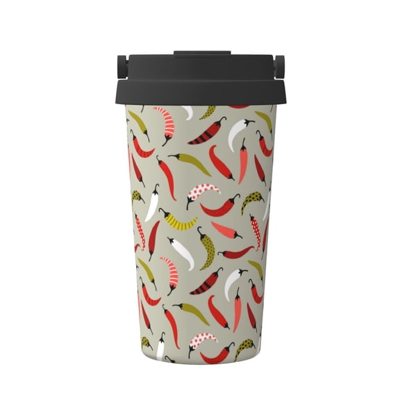 Gukieu Colorful Chili Print Insulated Coffee Cup, Portable Stainless Steel Vacuum Cup with Lid, Unisex, Suitable for Office, Cafe, Car