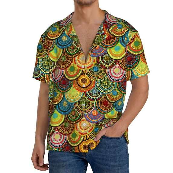 Gukieu Colorful Circle Print Men's Short-sleeved Shirts, Button-down Pocket Shirts, T-shirts, Beach Vacation Travel Summer Clothing-X-Large