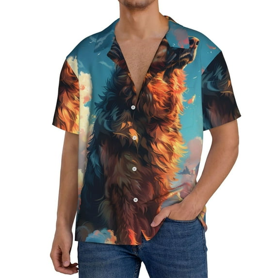 Gukieu Colorful Cloud Shepherd Dog Print Men's Short-sleeved Shirts, Button-down Pocket Shirts, T-shirts, Beach Vacation Travel Summer Clothing-4X-Large