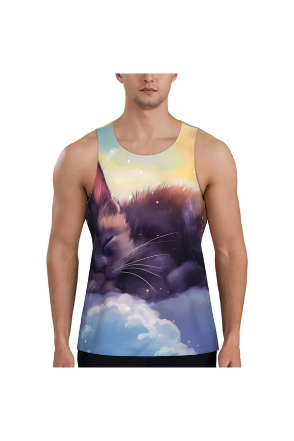 Colorful Cloud Sleeping Cat Print Men's Quick Dry Fitness Vest, Round Neck Sleeveless Fitness Bodybuilding Top-3X-Large