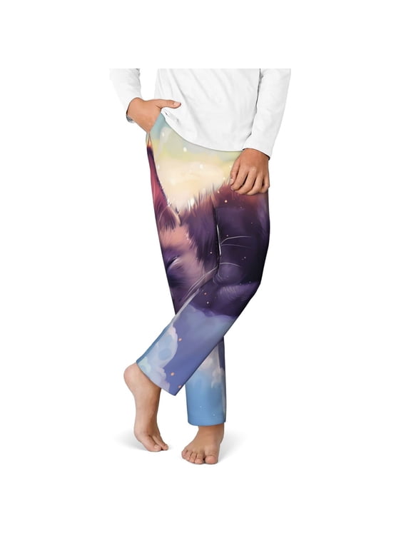 Colorful Cloud Sleeping Cat Print Youth Home Trousers, Elastic Waistband with Pockets for Home and Outing, Suitable for Children Aged 5-16-Large