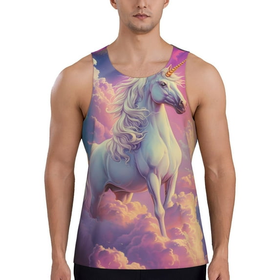 Gukieu Colorful Cloud White Horse Print Men's Quick Dry Fitness Vest, Round Neck Sleeveless Fitness Bodybuilding Top-3X-Large