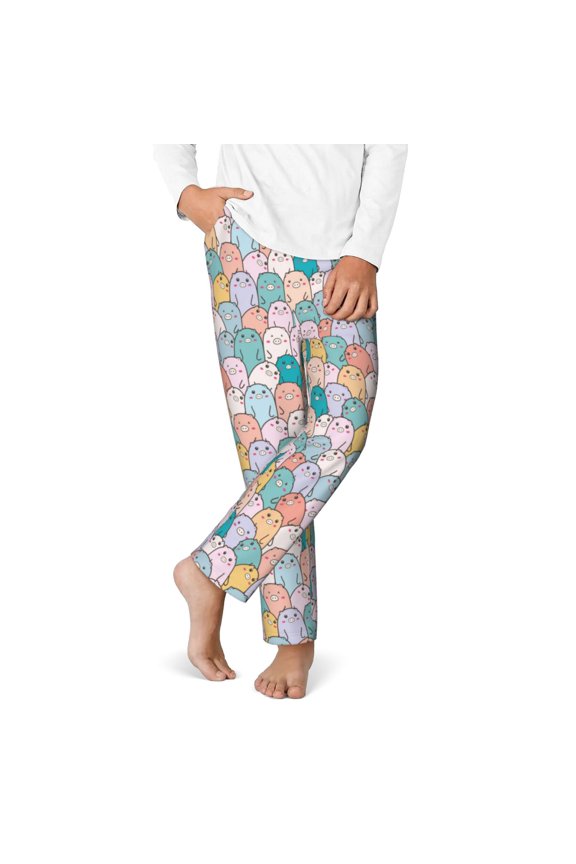 Colorful Cute Pig Print Youth Home Trousers, Elastic Waistband with Pockets for Home and Outing, Suitable for Children Aged 5-16-Medium