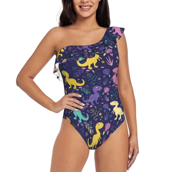 Gukieu Colorful Dinosaur Print One-shoulder Ruffled One-piece Swimsuit with Removable Chest Pads and Tummy-control Swimsuit for Women-X-Large
