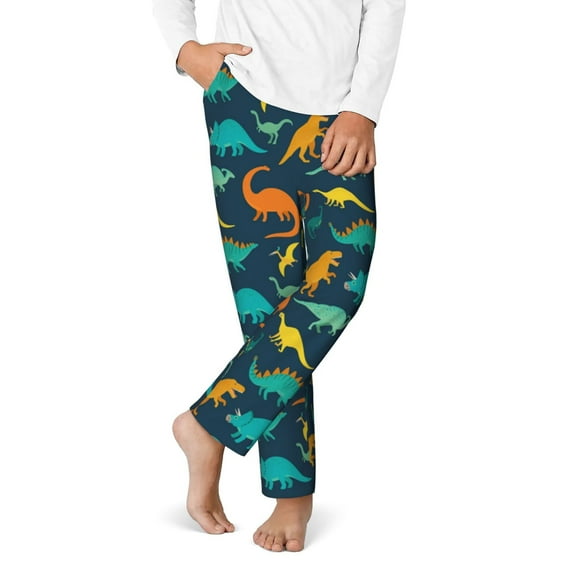 Gukieu Colorful Dinosaur Print Youth Home Trousers, Elastic Waistband with Pockets for Home and Outing, Suitable for Children Aged 5-16-Medium