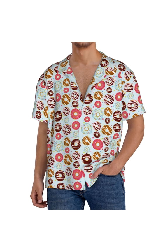 Colorful Donuts Print Men's Short-sleeved Shirts, Button-down Pocket Shirts, T-shirts, Beach Vacation Travel Summer Clothing-Large