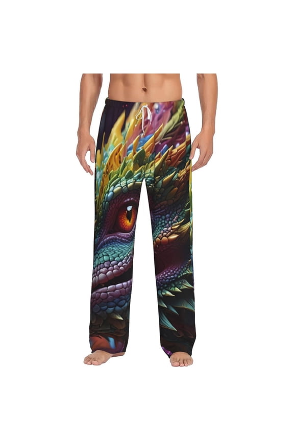Colorful Dragon Head Profile Print Men's Home Trousers, Elastic Drawstring Home Pajamas Clothing Suitable for Adult Men-3X-Large