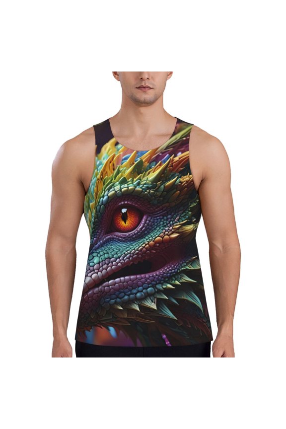 Colorful Dragon Head Profile Print Men's Quick Dry Fitness Vest, Round Neck Sleeveless Fitness Bodybuilding Top-Large