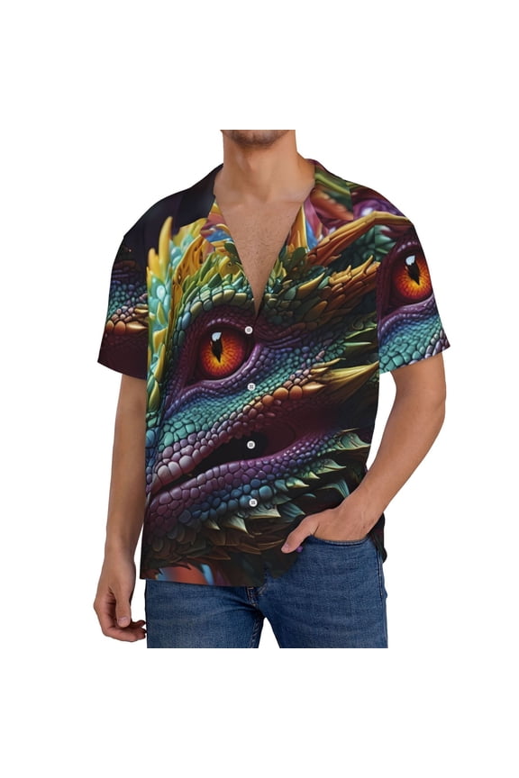 Colorful Dragon Head Profile Print Men's Short-sleeved Shirts, Button-down Pocket Shirts, T-shirts, Beach Vacation Travel Summer Clothing-X-Large
