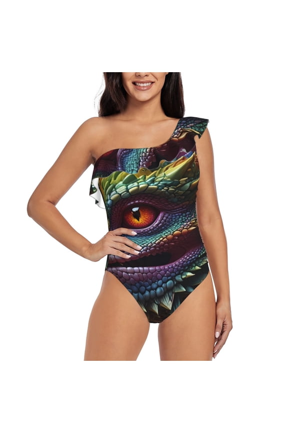 Colorful Dragon Head Profile Print One-shoulder Ruffled One-piece Swimsuit with Removable Chest Pads and Tummy-control Swimsuit for Women-XX-Large
