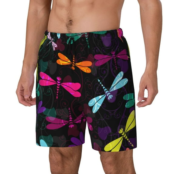 Gukieu Colorful Dragonflies Print Men's Double Layer Sports Swim Trunks, Quick Dry Adjustable Waist Swim Shorts Swimwear-Large