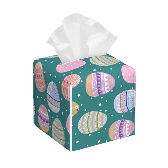 Gukieu Colorful Easter eggs Print Leather Tissue Box, PVC Waterproof Velcro Opening and Closing Square Tissue Box Holder, Suitable for Home and Office Decoration