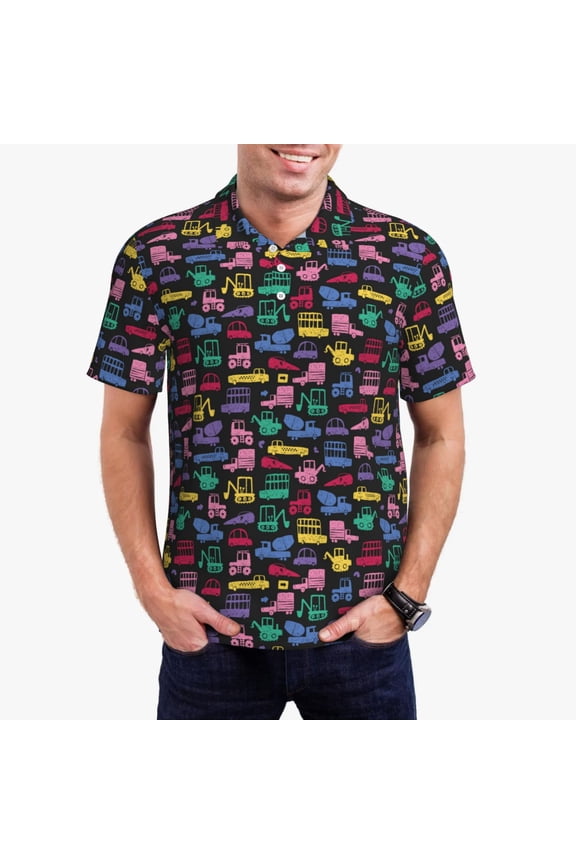 Colorful Excavator Print Men's Quick-drying POLO Shirt, Button-down Summer T-shirt, Suitable for Work and Outdoor Activities-XX-Large
