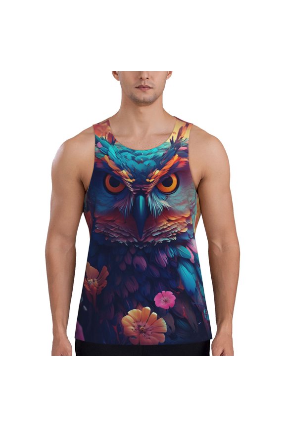 Colorful Feather Owl Print Men's Quick Dry Fitness Vest, Round Neck Sleeveless Fitness Bodybuilding Top-Large