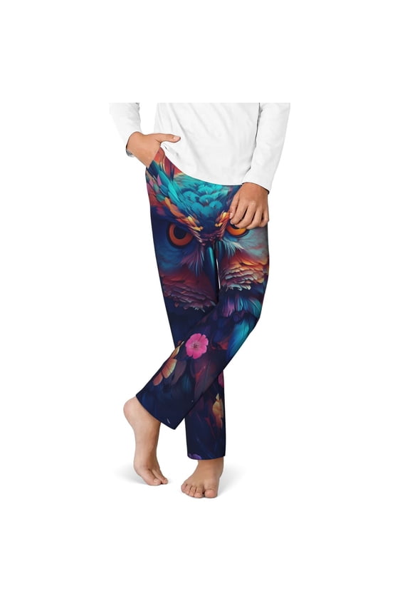 Colorful Feather Owl Print Youth Home Trousers, Elastic Waistband with Pockets for Home and Outing, Suitable for Children Aged 5-16-Medium