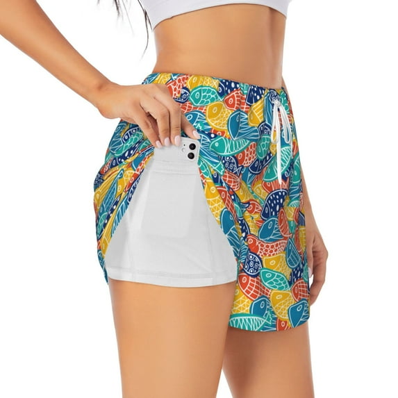 Gukieu Colorful Fish 1 Print Women's Sports Shorts with Drawstring Elastic Waistband for Running, Yoga, Fitness-XX-Large