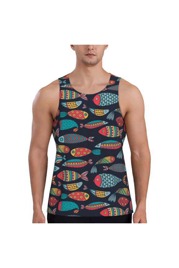 Colorful Fish Print Men's Quick Dry Fitness Vest, Round Neck Sleeveless Fitness Bodybuilding Top-Medium