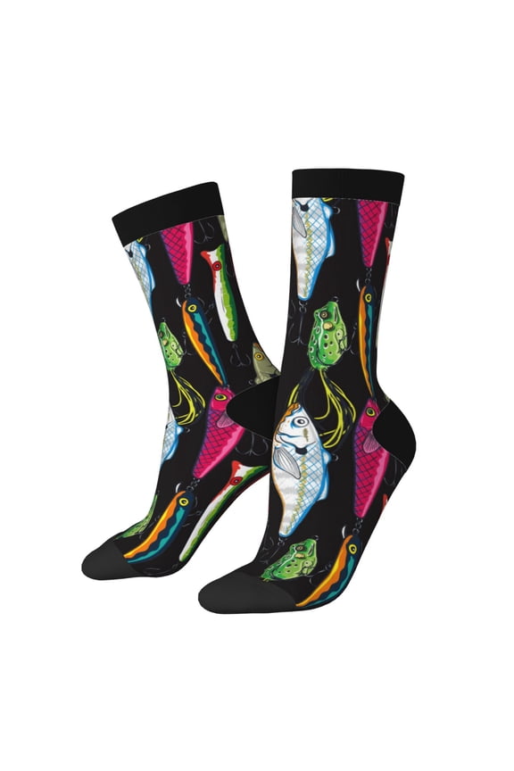 Colorful Fishing Lures Print Contrast Color Mid-calf Socks, Sweat-wicking Athletic Socks, Unisex Clothing Accessories