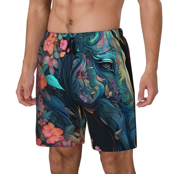Gukieu Colorful Floral Patterned Horse Print Men's Double Layer Sports Swim Trunks, Quick Dry Adjustable Waist Swim Shorts Swimwear-XX-Large