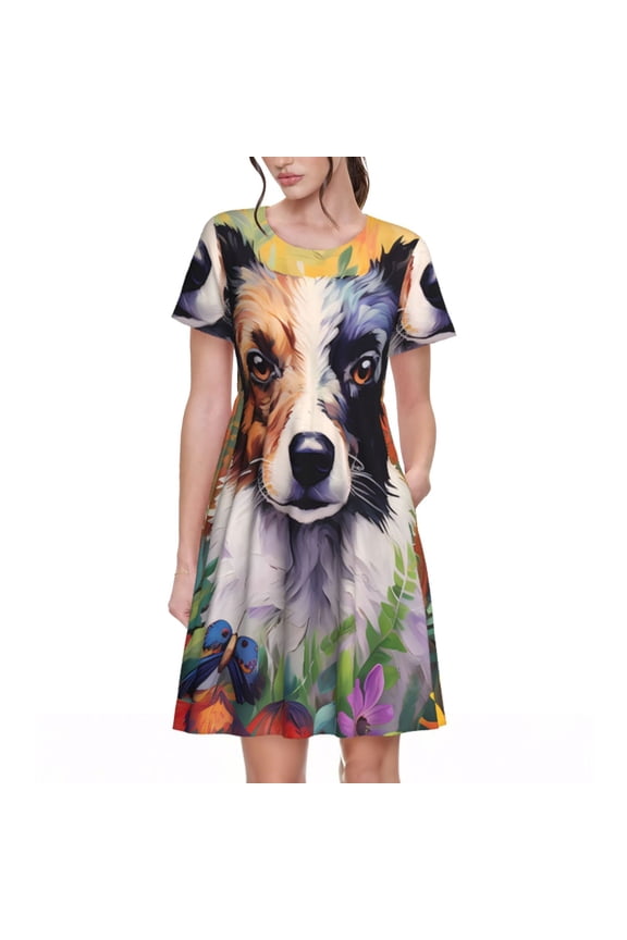 Colorful Flower Dog Print Women's Short Sleeve Dress, Elastic Waistband A-line with Pockets Summer Dress, Suitable for Daily Leisure, Work, Vacation