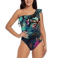 thumbnail image 1 of Gukieu Colorful Flower Tiger Print One-shoulder Ruffled One-piece Swimsuit with Removable Chest Pads and Tummy-control Swimsuit for Women-XX-Large, 1 of 6